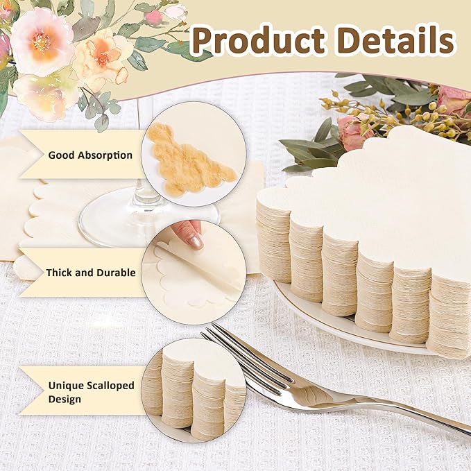 100 Pcs Milky White Napkins Scalloped Edged Dessert Cocktail Napkins Folded 5 x 5 Inches Disposable Napkins for Dinner Wedding Birthday Party