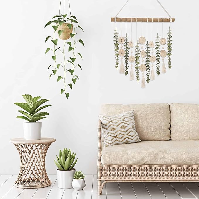 Boho Wall Decor Artificial Eucalyptus Bathroom Decor Fake Eucalyptus Plants Greenery Leaves with Wooden Bead Garland on Stick Rustic Farmhouse Home Decorations for Bedroom Living room Nursery Kitchen