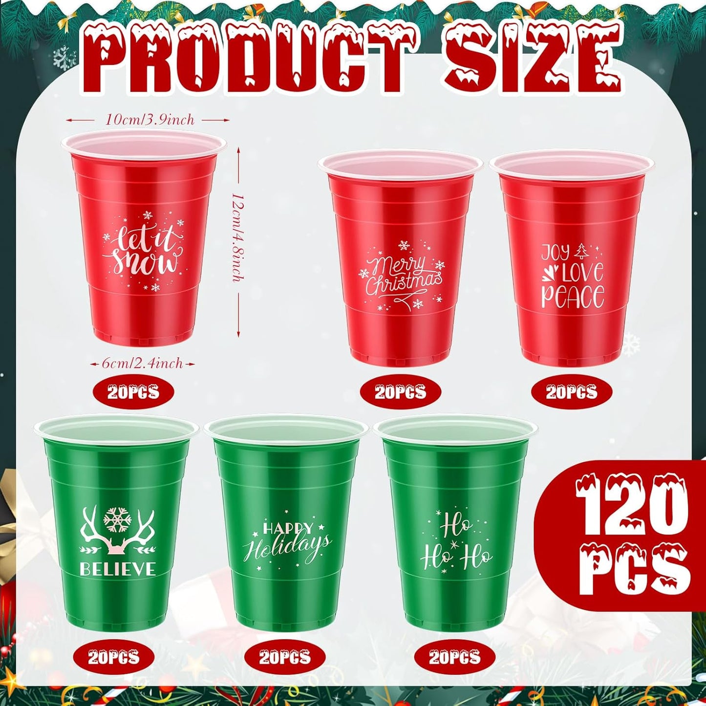 Sliner 120 Pcs 16 oz Christmas Plastic Disposable Cups Bulk Snowflake Elk Star Christmas Tree Drinking Cups for Xmas Birthday Party Supplies (Red,Green)