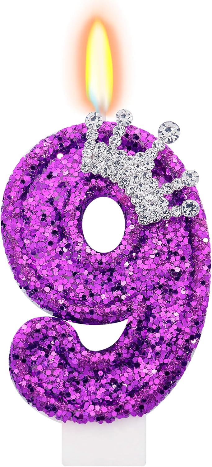 Purple Birthday Candle for Cake, Crown Purple Number Candles, 2.76 inch Cake Topper Decoration for Princess Birthday Party (Number 9)