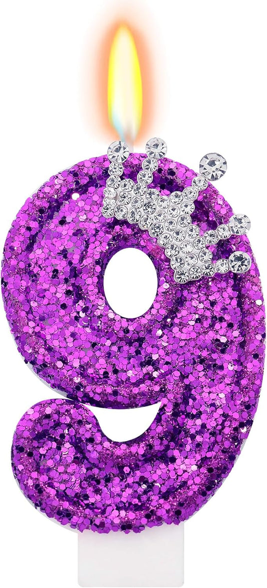 Purple Birthday Candle for Cake, Crown Purple Number Candles, 2.76 inch Cake Topper Decoration for Princess Birthday Party (Number 9)