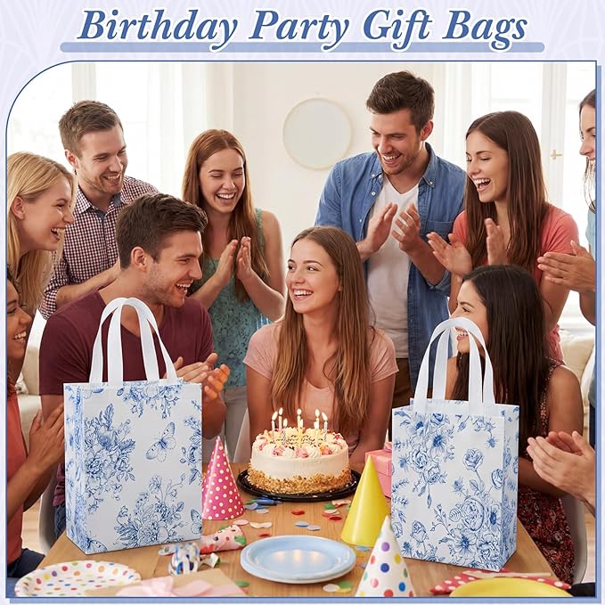 Wovnet 30 Pcs Blue Floral Gift Bags Bulk Reusable Non Woven Vintage Floral Tote Treat Goodie Candy Bags with Handles Spring Flowers Party Favors Pouch for Holiday Wedding Party Decor 10 x 8 x 4 Inch