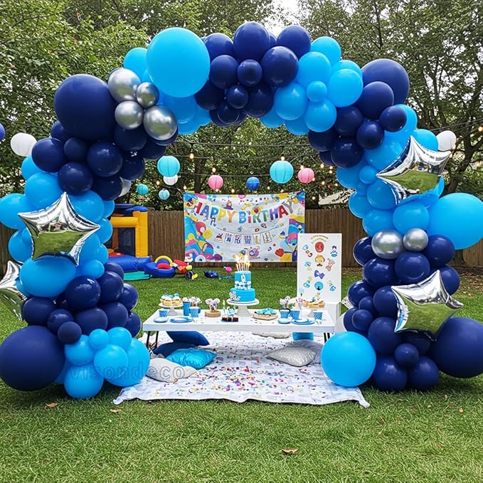Blue Balloon Arch Kit with 2 Large Silver Star Foil Balloons – Navy & Light Blue Balloon Garland, 5/12/18 inch Blue Balloons for Birthday, Baby Boy Shower, Wedding & Graduation Decorations