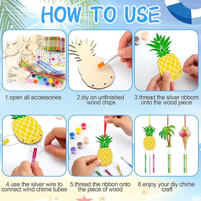 JellyArch 30 Pack Summer Wind Chime Making Kit for Adults Make Your Own Summer Wind Chime Beach Wooden Ornaments for DIY Crafts Activity Birthday Decoration