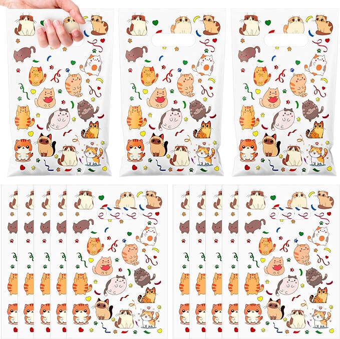 Supervitae 100 Pcs Cat Party Favor Bags Cute Kitten Plastic Goodies Bags Bulk with Handles for Cat Themed Birthday Animals Pet Paw Snacks Cookies Candy Treat Decoration Supplies