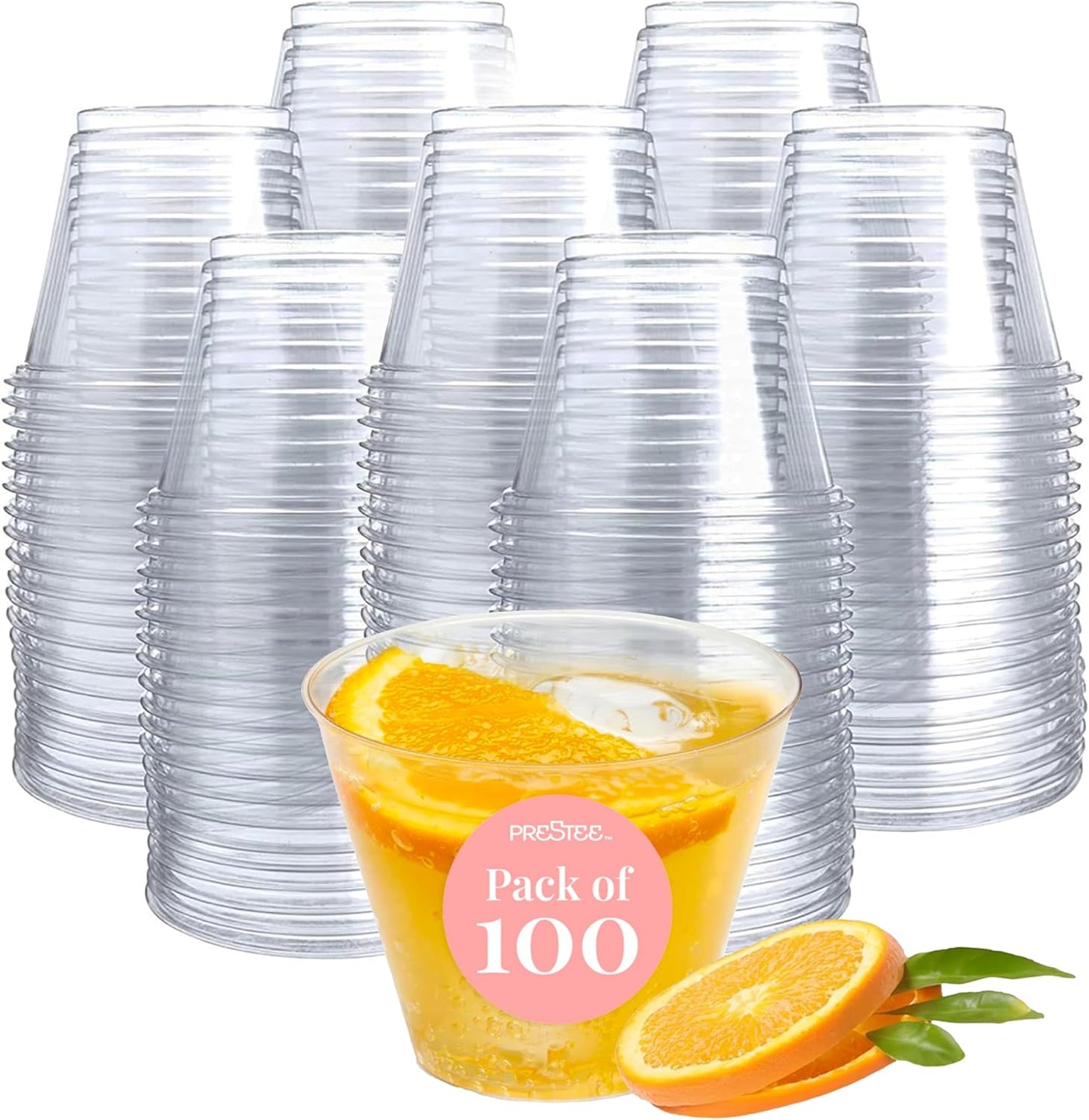 Set of 100-5 oz Clear Plastic Cups - Prestee Hard Disposable Drinkware - Bulk Cocktail, Wine and Punch Tumblers - Party and Event Drinking Cups