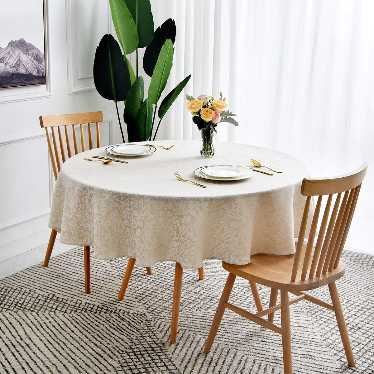 maxmill Jacquard Round Table Cloth Damask Design Waterproof Antiwrinkle Heavy Weight Soft Tablecloths for Circular Table Cover and Kitchen Dinning Tabletop Round 70 Inch Beige with White