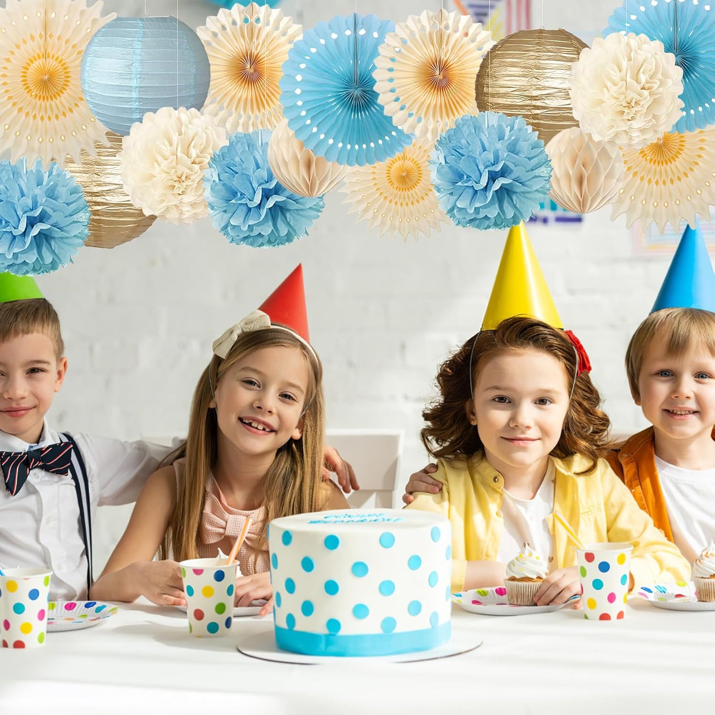 Dusty Blue and Cream Party Decorations Light Blue Paper Fans Paper Lanterns Pom Poms Flowers for Baby Shower Birthday Wedding Engagement Party