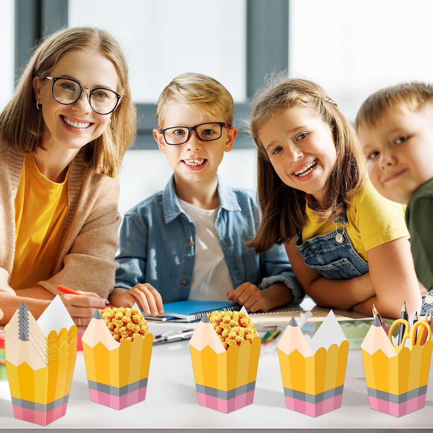 DECYOOL 24 Pieces Back to School Popcorn Boxes, Candy Pencil Treat Bags for Welcome Back to School Teacher Appreciation Gifts School Classroom Decoration