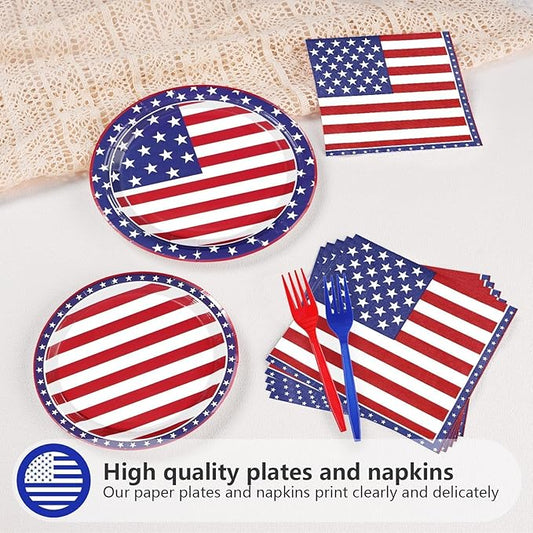 Grencian 96Pcs American Flag Patriotic Party Supplies Veterans Day Patriotic Paper Plates and Napkins US Flag Disposable Tableware for Veterans Day 4th of July Party Decorations Serve 24