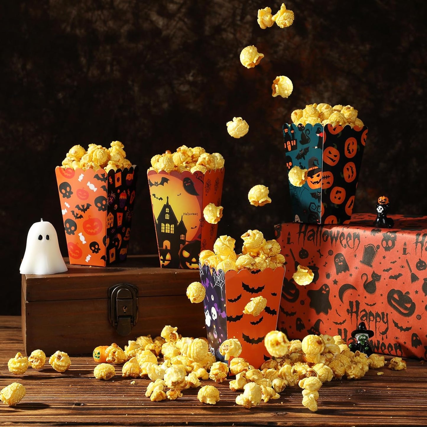 50 Packs Halloween Popcorn Boxes - Small Pop Corn Bags for Halloween Elements, Candies Snack Containers for Party Decoration, Cardboard Popcorn Holders for Carnival Night