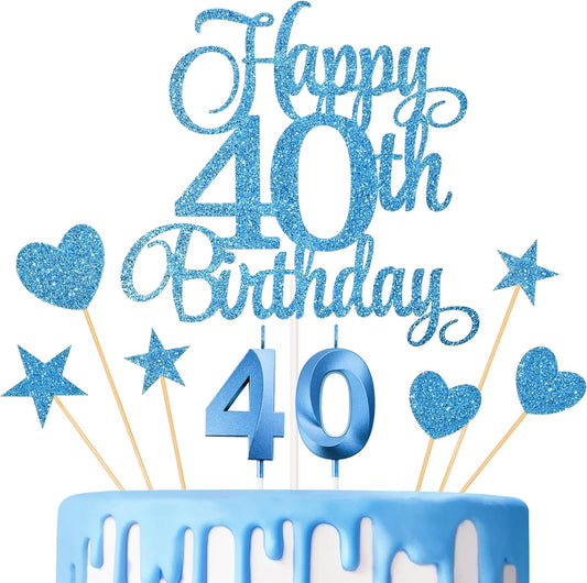 40th Birthday Cake Decorations, 40th Birthday Candles Cake Numeral Candles and Glitter Happy 40th Birthday Cake Toppers Set for Birthday Party Supplies (Blue)
