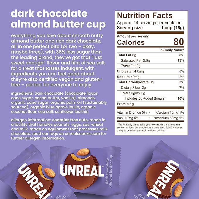 UNREAL Dark Chocolate Almond Butter Cups | 5g Sugar | Certified Vegan, Gluten Free, Fair Trade, Non-GMO | No Sugar Alcohols or Soy | Value Size, 7.4oz (Pack of 3)