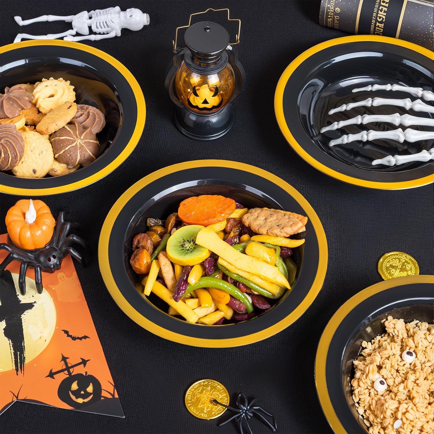 Liacere 60Pcs Black Plastic Bowls - Disposable Black and Gold Dessert Bowls - 12OZ Premium Plastic Soup Bowls for Wedding &Halloween