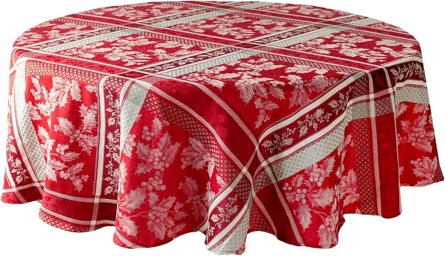 Benson Mills Holiday Hollies Yarn Dyed Jacquard Fabric Table Cloth, Holiday, Winter, and Christmas Tablecloth (70" Round, Holiday Hollies)