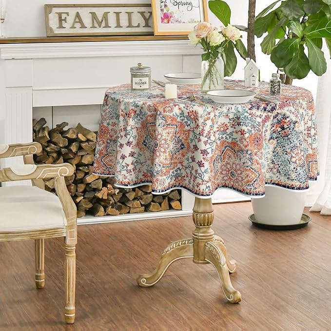 Horaldaily Boho Bohemia Style Tablecloth 60x60 Inch Round, Vintage Country Rustic Farmhouse Magical Fall Orange Washable Seasonal Table Cover for Party Picnic Dinner Decor