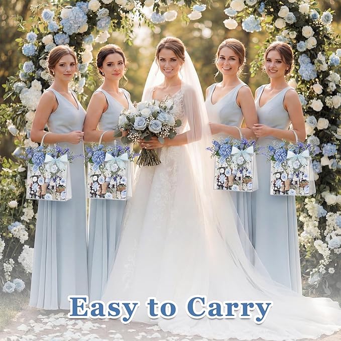 Wesnoy 24 Pcs Clear Floral Gift Bags with Handles Rose Blue Flower PVC Treat Tote Bag for Tea Birthday Party Wedding Bridal Shower Bachelorette Anniversary Engagement Guests, 7.8 x 7.8 x 3.2 Inch