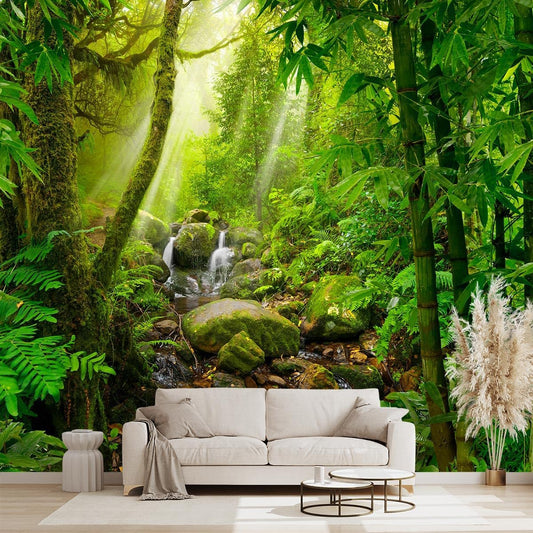 Green Forest Tropical Rainforest wallpeper Living Room Bedroom Nature Jungle Landscape Office Woodland Scenery Tree Wall Mural - 137"x96"（Not Peel and Stick）