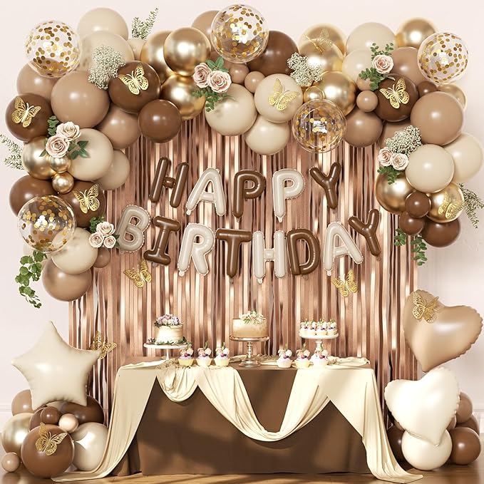 Brown Birthday Decorations, Brown Tan Beige Gold Foil Confetti Balloons Happy Birthday Banner Gold Butterfly Fringe Curtains Birthday Decorations for Women Girls