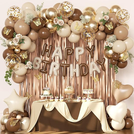 Brown Birthday Decorations, Brown Tan Beige Gold Foil Confetti Balloons Happy Birthday Banner Gold Butterfly Fringe Curtains Birthday Decorations for Women Girls