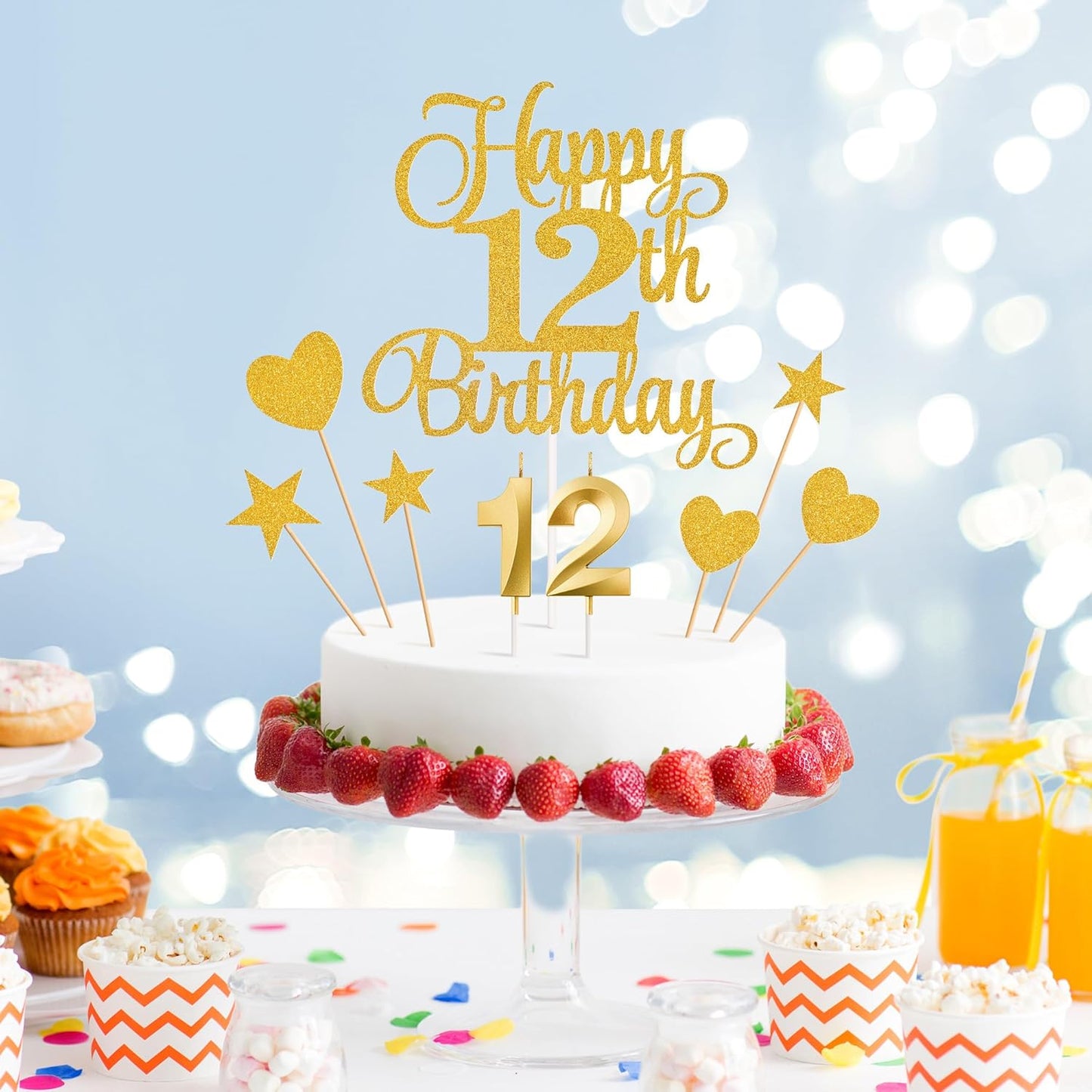12th Birthday Cake Decorations, 12th Birthday Candles Cake Numeral Candles and Glitter Happy 12th Birthday Cake Toppers Set for Birthday Party Supplies (Gold)