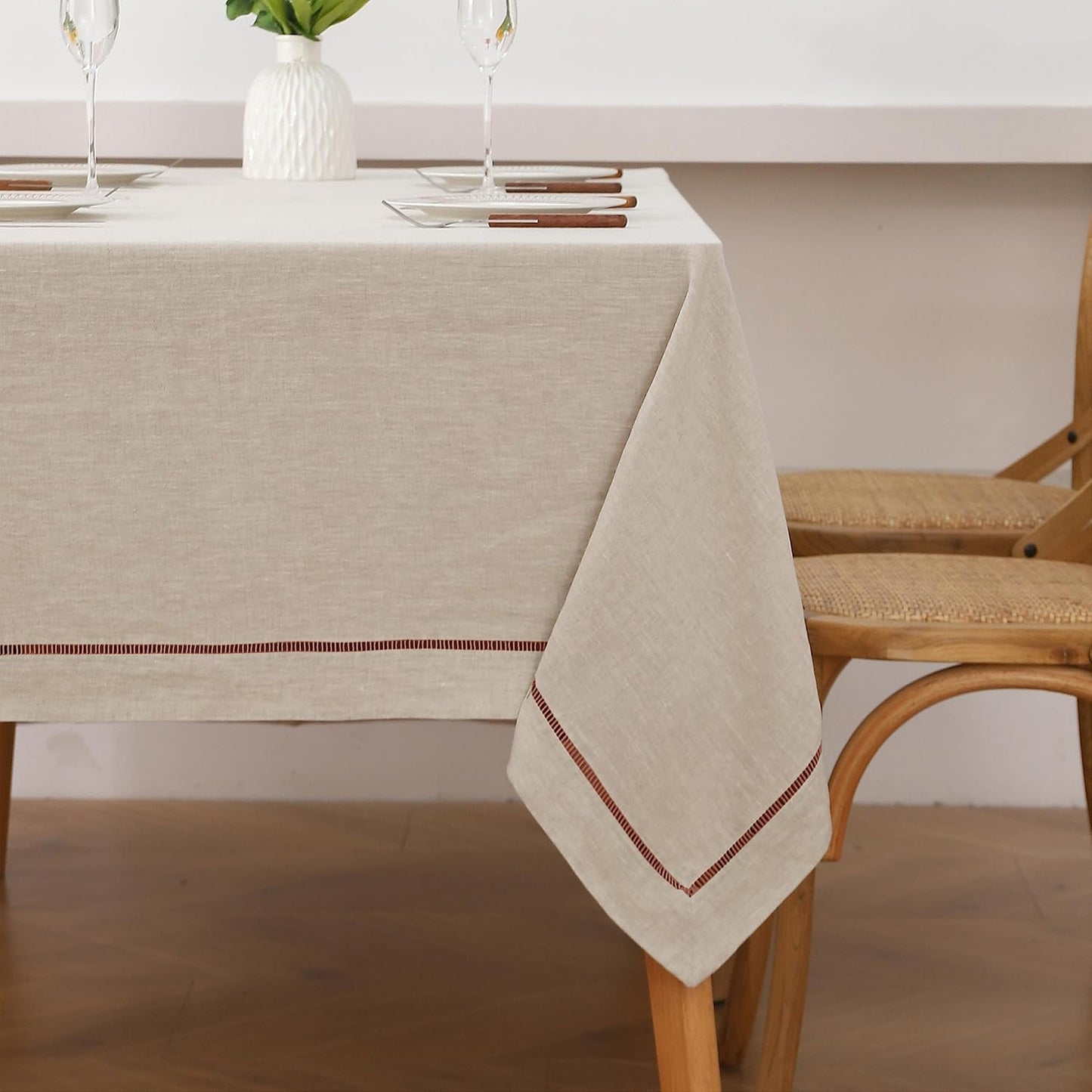 Linen World Hemstitch Linen Tablecloth,100% Natural French Flax,60x90Inch Handcrafted Table Cloth,Tabletop Decoration,Table Cloths for Kitchen,Dining(Natural-Macchiato)