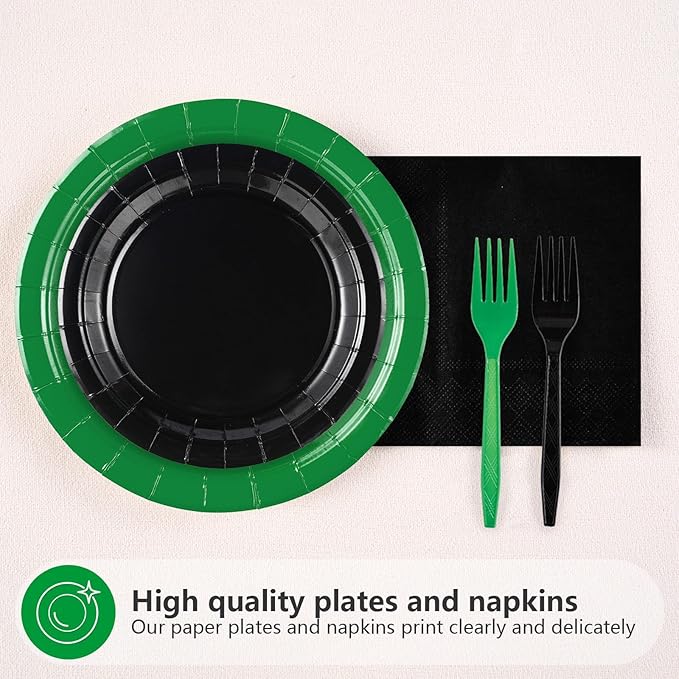 Grencian 96 Pcs Green and Black Birthday Decorations Solid Color Party Plates and Napkins Disposable Heavy Duty Green and Black Tableware Set for Holiday Birthday Baby Shower Party Decorations