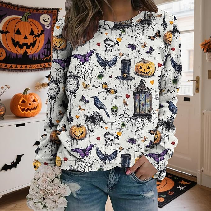 LIZALIG Pullover Cute Sweatshirt Orange Skeleton Fall Festive FunWomens Design Bat Holiday Party Outings Pumpkin Print