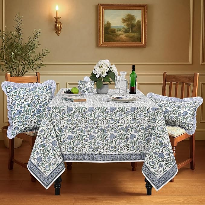 Ridhi Hand Block Print Columbia Blue Rectangle Cotton Tablecloth 140" x 72" Reusable Table Cover Decorative Everyday Use for Dining, Farmhouse, Home Gift for Spring, Easter, Valentine