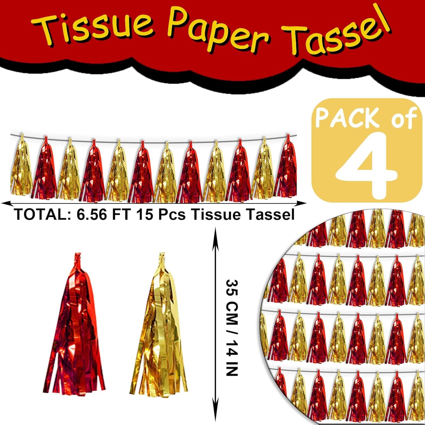 4P Red Gold Tassel Banner Garland Metallic Foil Fringe Banner Tinsel Tassels Streamer Banner Backdrop for Parade Floats Graduation Halloween, Christmas, Baby Bridal Shower Party Decorations