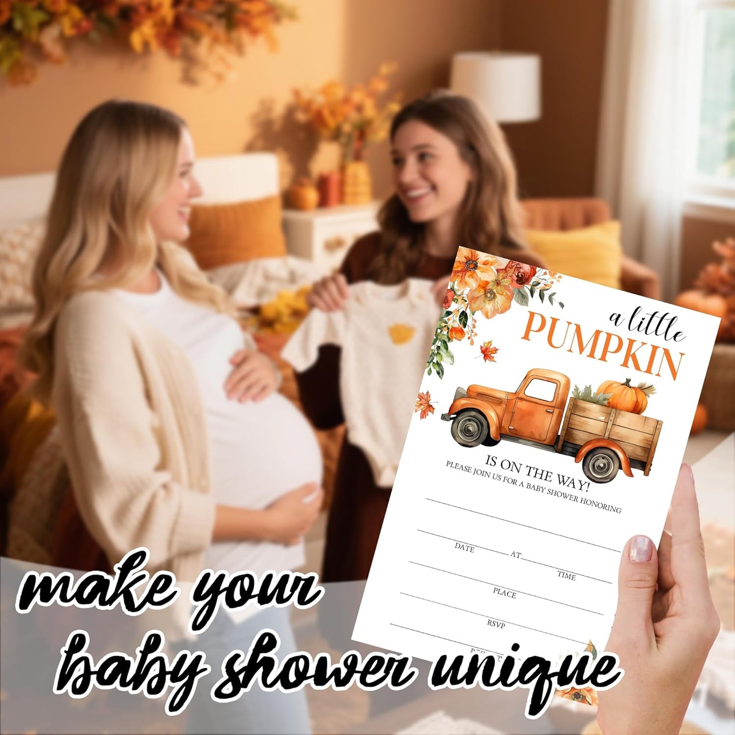 Vintage Truck & Pumpkin Baby Shower Invitations - “A Little Pumpkin Is On The Way” Design with Envelopes And RSVP Cards - 20Pcs Fill In Baby Shower Party Cards(4 x 6 Inch) (046)
