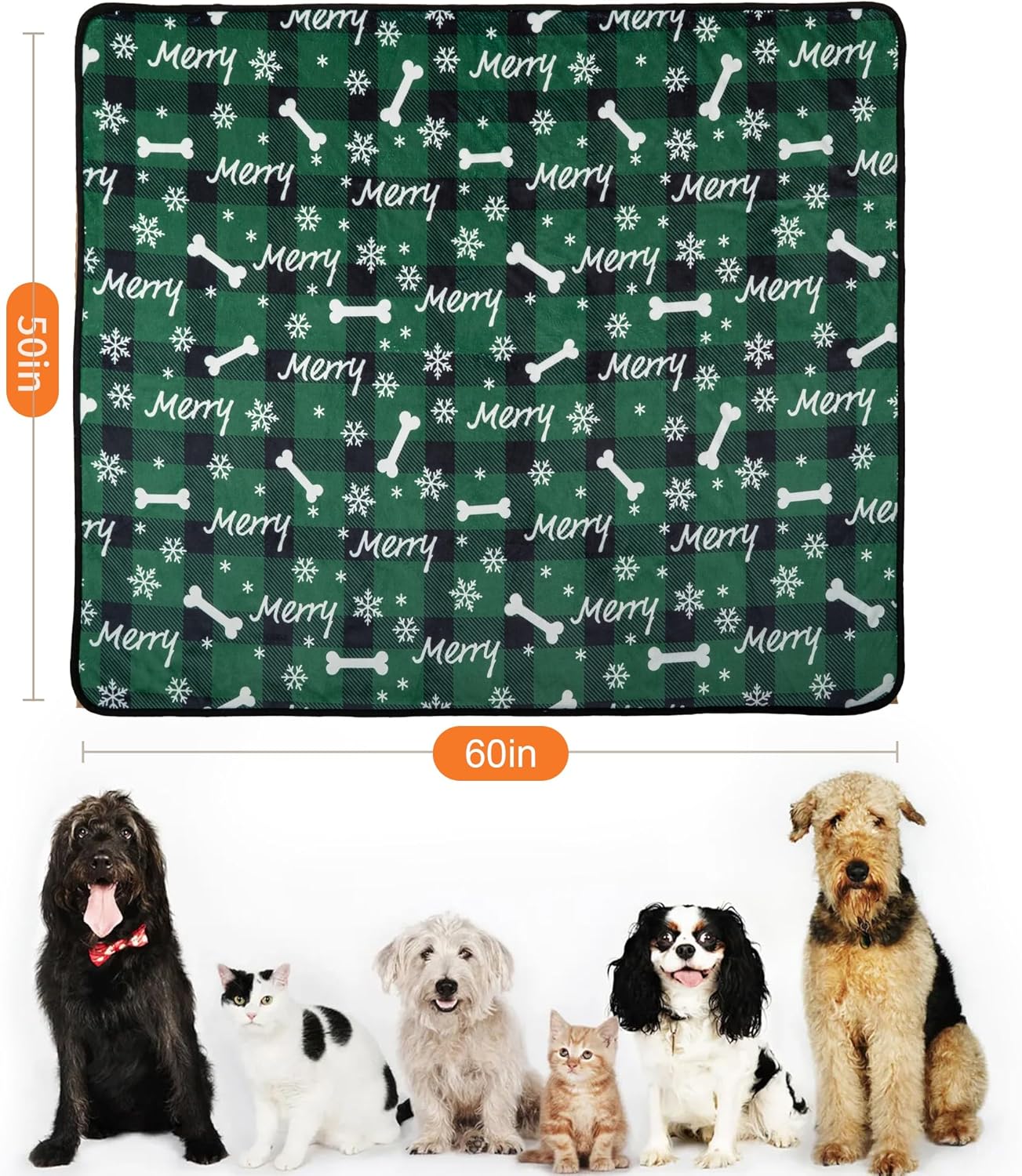 Waterproof Dog Blankets Pet Blanket 50"x60", Soft Fluffy Sofa Car Bed Protector, Reversible Sherpa Fleece Dog Blanket for Large Dogs Christmas Decor(Christmas Green)