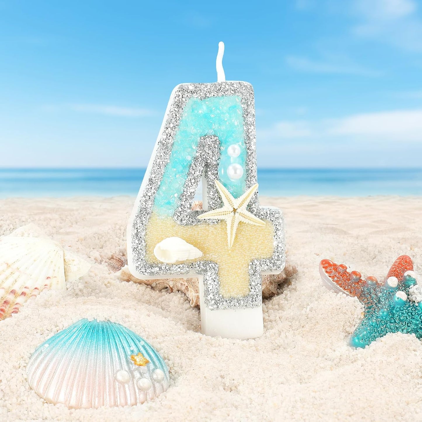 Beach Birthday Candle Starfish Number 4 Candles 4th Cake Candle Blue Birthday Cake Topper Cupcake Decorations Party Decor Anniversary Celebrations Supplies Favors