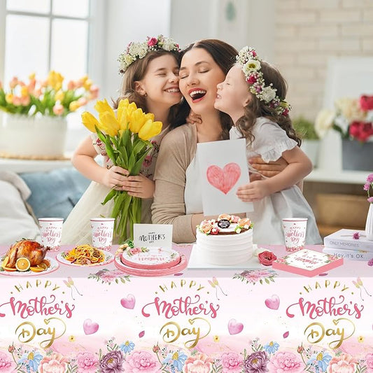 81 Pcs Happy Mothers Day Decorations Set, Includes Happy Mothers Day Dinner Paper Plates, Love You Mon Dessert Plates Napkins, Pink Tablecloth and Cups for Mother Days Party Supplies, Serves 20