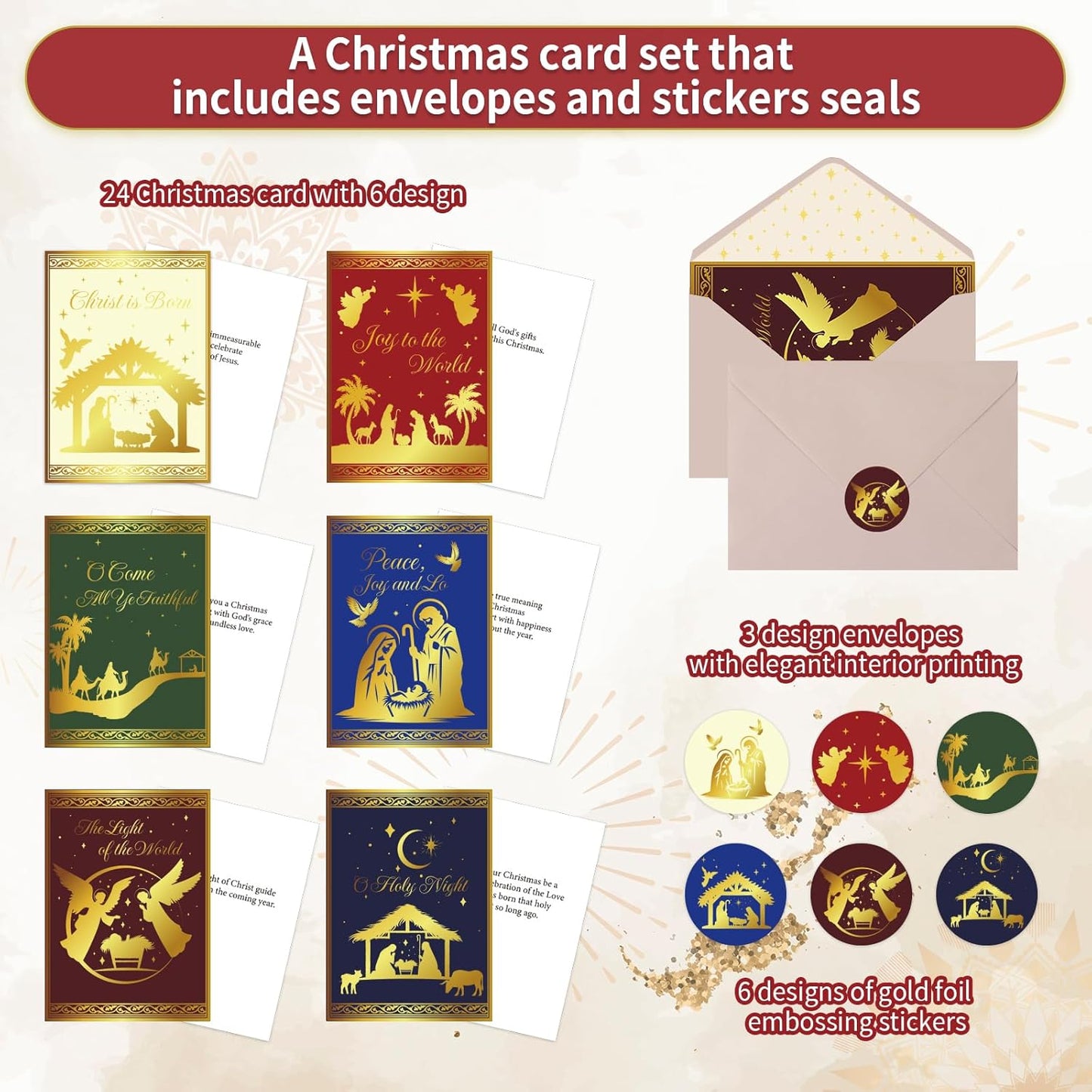 24 Pack Religious Christmas Cards with Envelopes & Stickers, 5x7in Gold Foil Embossed Christmas Greeting Cards Set 6 Designs with Printed Message Inside(Religious Style)