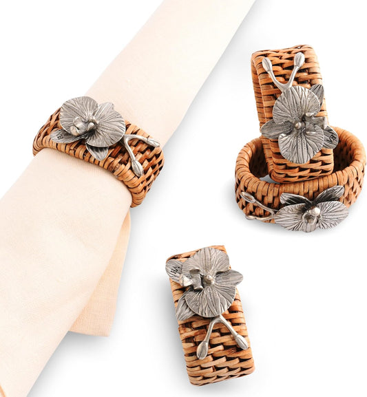 Vagabond House Natural Eco-Friendly Pewter Orchid on Rattan Napkin Rings - Designer Rattan Decor, House Naturals - Easy Care, Refined Tablescape Set of 4