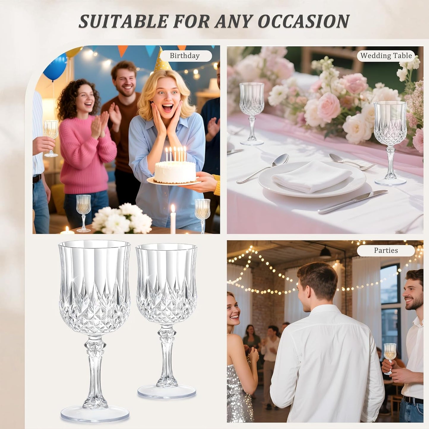 12PCS 7OZ Transparent Wine Plastic Glasses, Drinking Champagne Glasses Flutes Crystal Vintage Water Unbreakable Goblets for Wedding, Parties