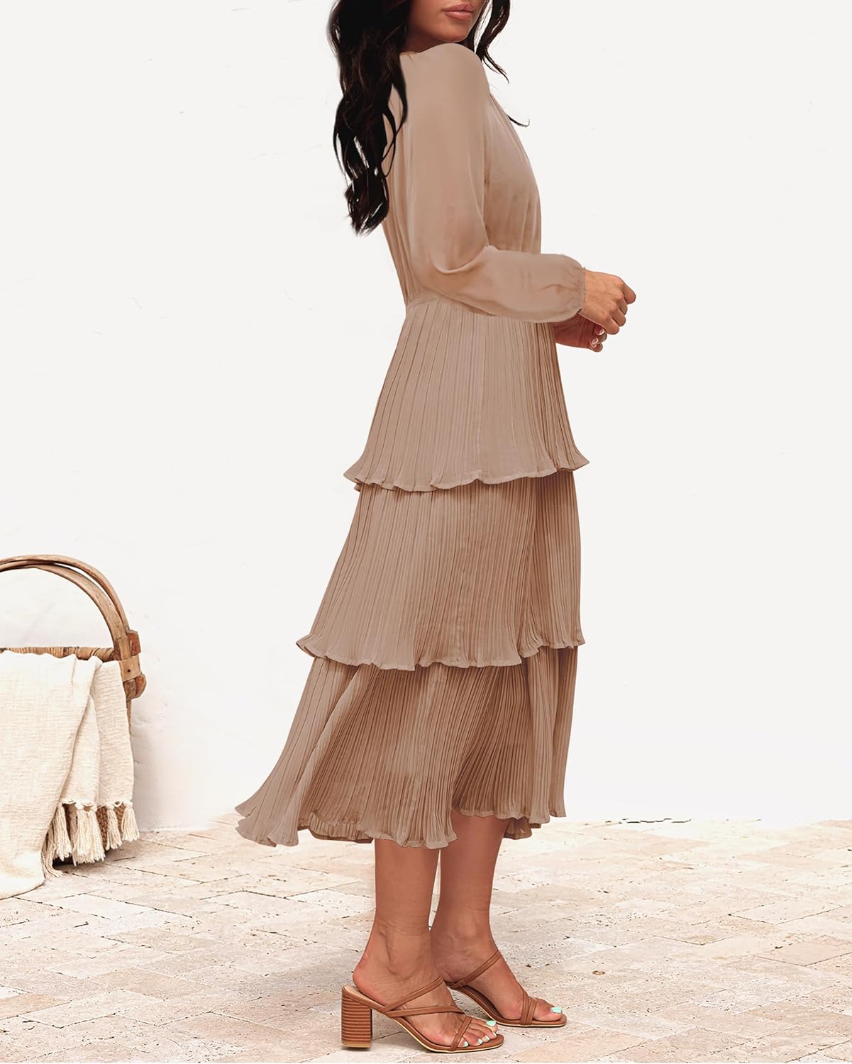 ZESICA Women's 2025 Long Sleeve Crew Neck Ruffle Tiered Layered Chiffon Flowy Swing Long Midi Dress