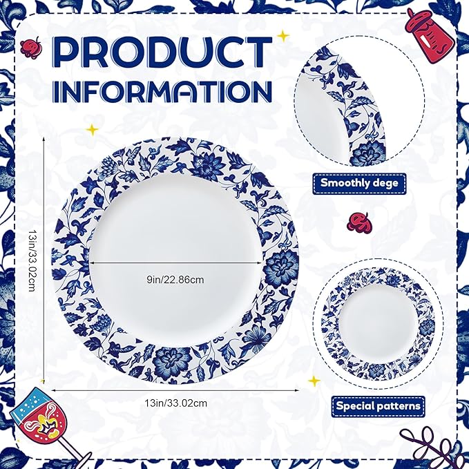 Yungyan 6 Pcs Passover Blue and White Porcelain Charger Plates 13 Inch Round Passover Blue White Porcelain Plastic Plates Large Charger Plate for Holiday Party Decorations Dinner Tableware Supplies
