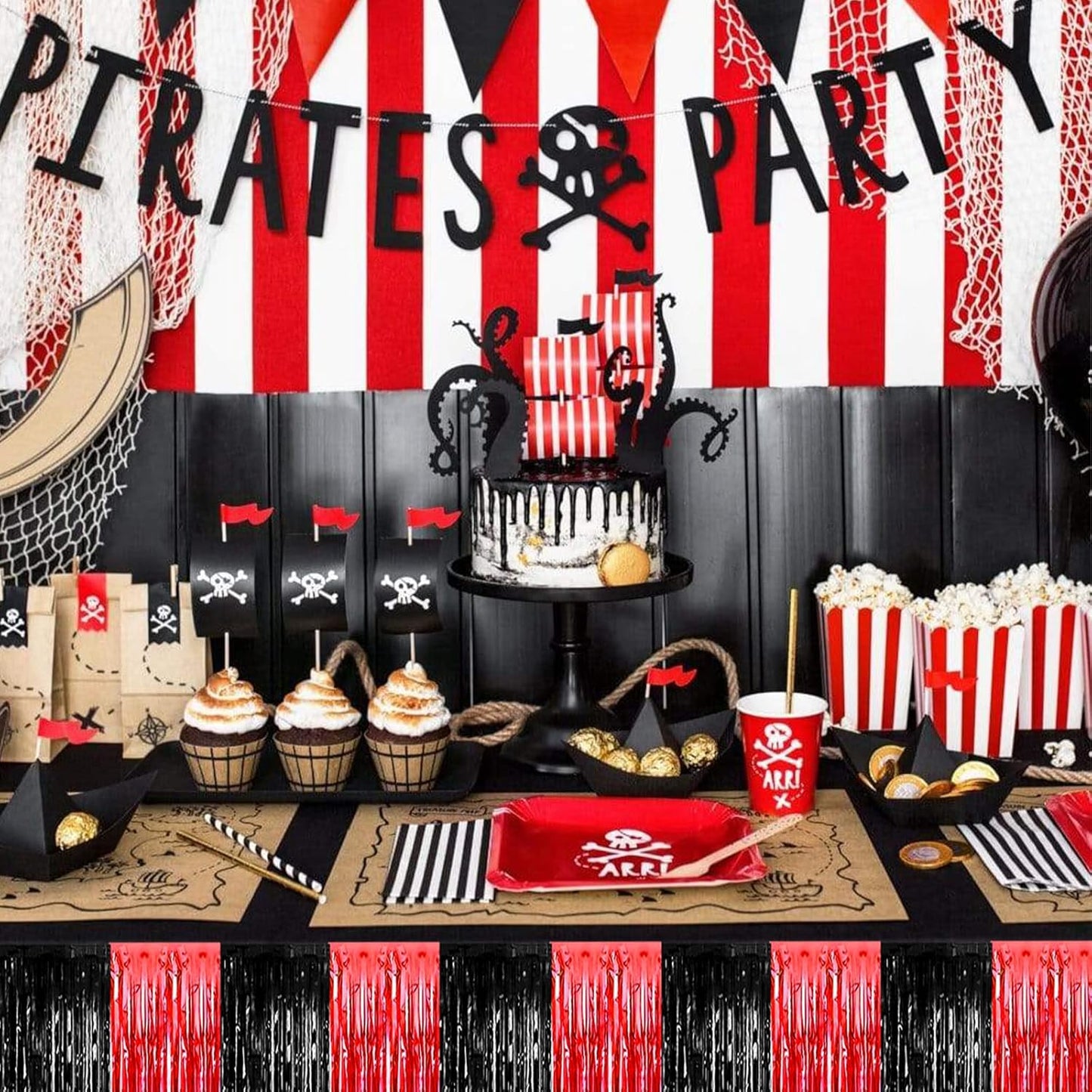 6 Pack 29x108 Inch Metallic Foil Fringe Table Skirts Banner for Tinsel Streamer Garland Curtains Backdrop for Parade Floats Casino Viva Las Vegas Game Night Birthday Party Decorations(Black Red)