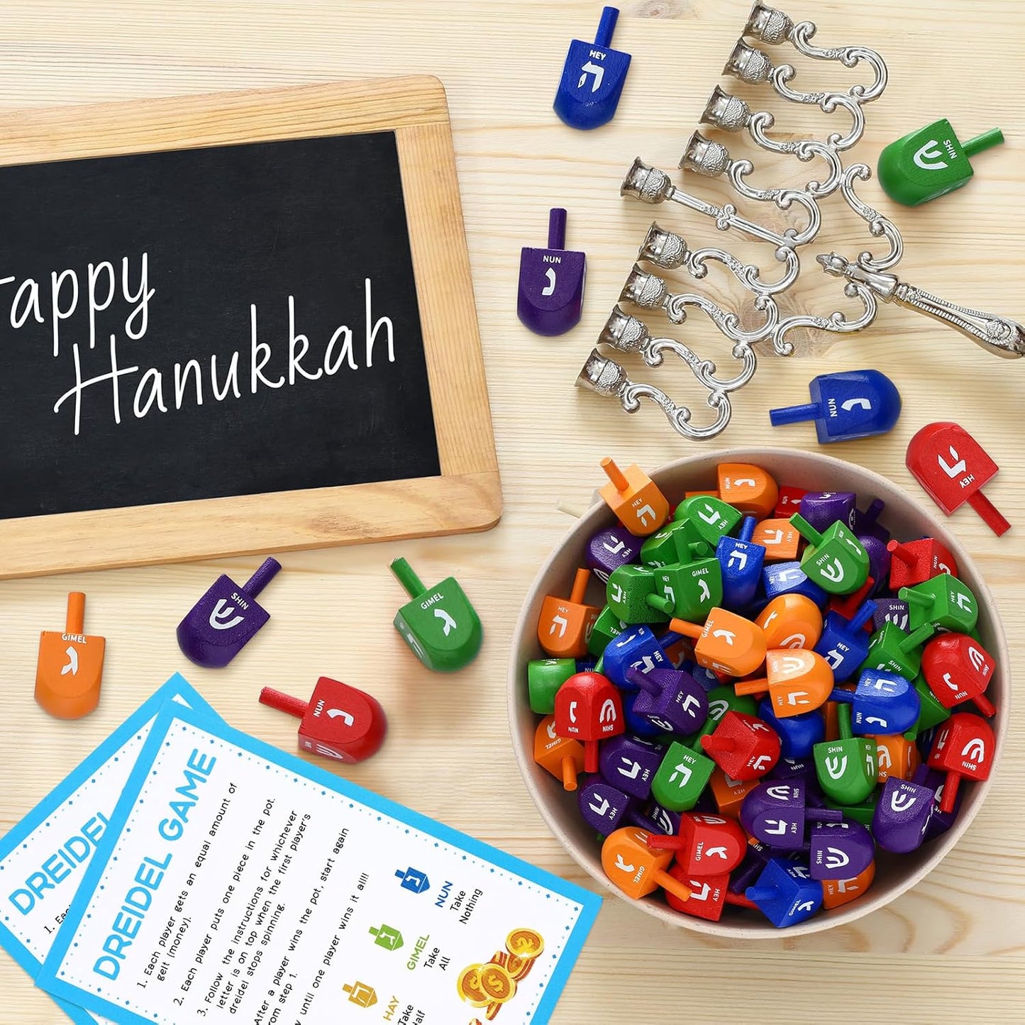 Wettarn 100 Pieces Hanukkah Dreidels Bulk Wooden Hanukkah Dreidels with Game Instruction Cards for Party Game (Size 1,Rainbow Style)