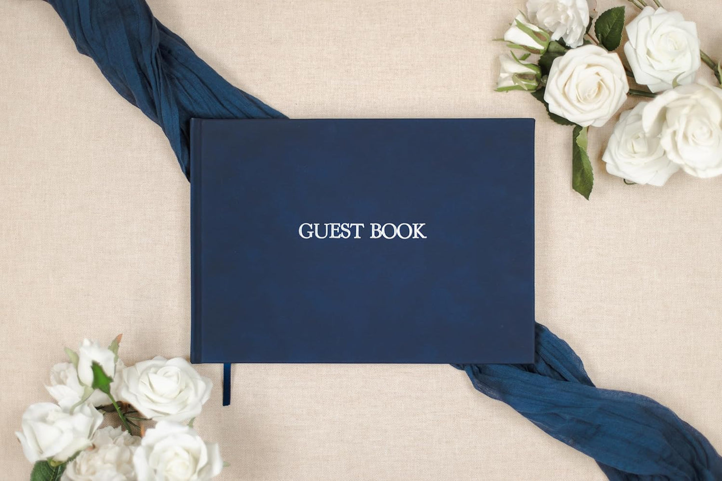 Embossed Guestbook - 11.5 x 8.5 Large Luxury Modern Cream Canvas Linen Embossed Hard Cover Guest Book for Wedding, Birthday & Events, Blank Pages (Navy)