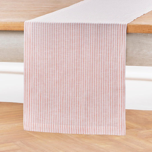 Solino Home Linen Striped Table Runner 108 Inches Long - Narrow Stripe 100% Pure Linen Peach and White Dining Table Runner 14 x 108 Inch