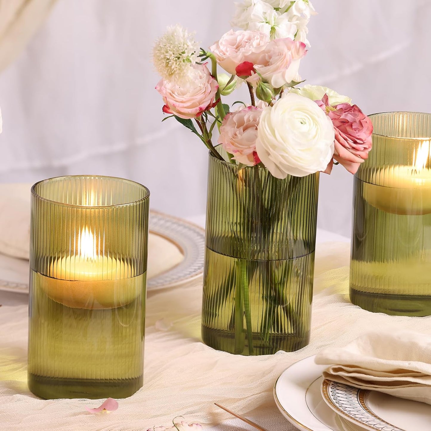 Glass Cylinder Bud vases for Centerpieces, 6 Inches Clear Ribbed Glass Vases Bulk for Wedding Table Decor, Loral Vase Bulk Flower vases, Tall Hurricane Candle Holder for Table Shelf, Party (Green)