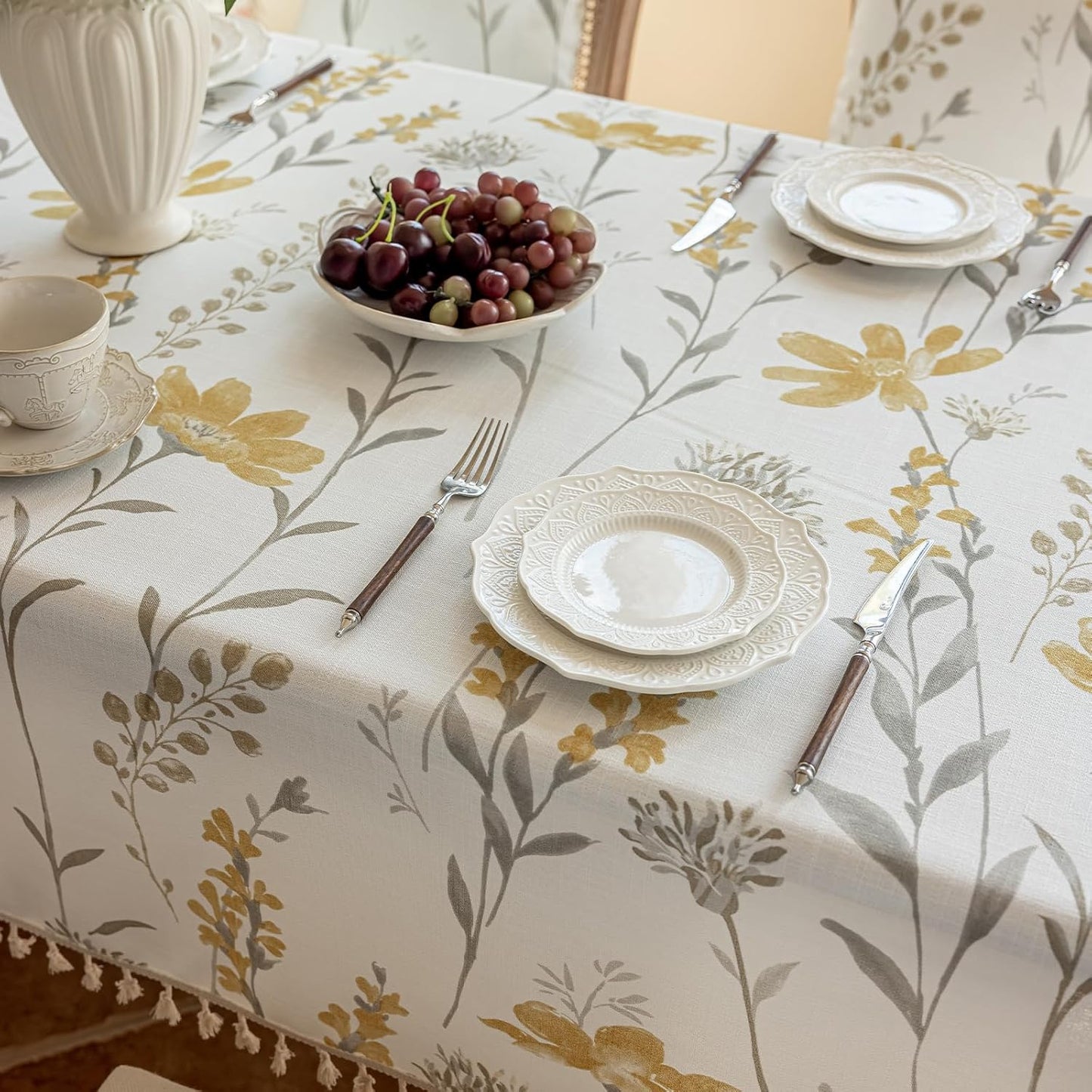 ENJOYBRIDAL Yellow Floral Tablecloth - 60 x 120 Inch - Boho Rectangular Table Cloth Dining Cute Camping Washable Table Cover 10-12 Seats Vintage Picnic Decorative Rustic Furniture Protector