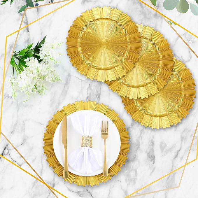Mifoci 50 Pcs Bright Gold Charger Plates Bulk 13 Inch Plastic Round Chargers Fluted Edge Dinner Plate Wedding Decoration for Table Setting Wedding Party Event Tabletop