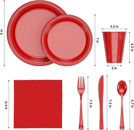 350 Pcs Red Plastic Plates For Party, Red Disposable Plates Set, 50 Of Each 9" Dinner Plate Set, 7" Dessert Plate, Cups, Napkins & Cutlery Plastic Dinnerware Exquisite