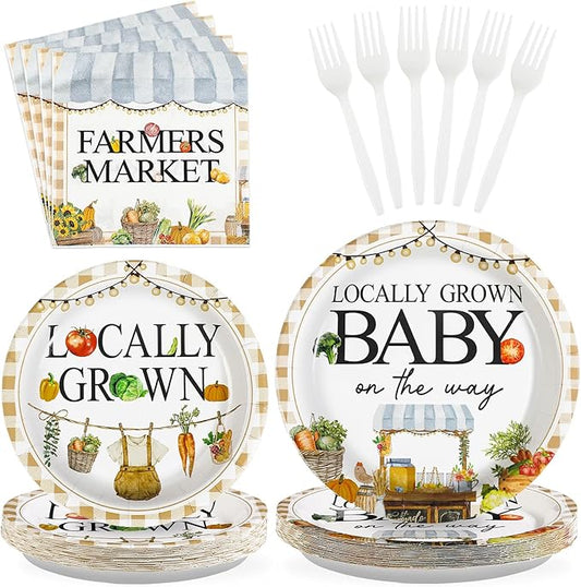 Grencian 96Pcs Locally Grown Baby Shower Decorations Farmers Market Party Plates and Napkins Vegetable Theme Disposable Tableware for Food Market Party Baby Shower Decorations Serves 24