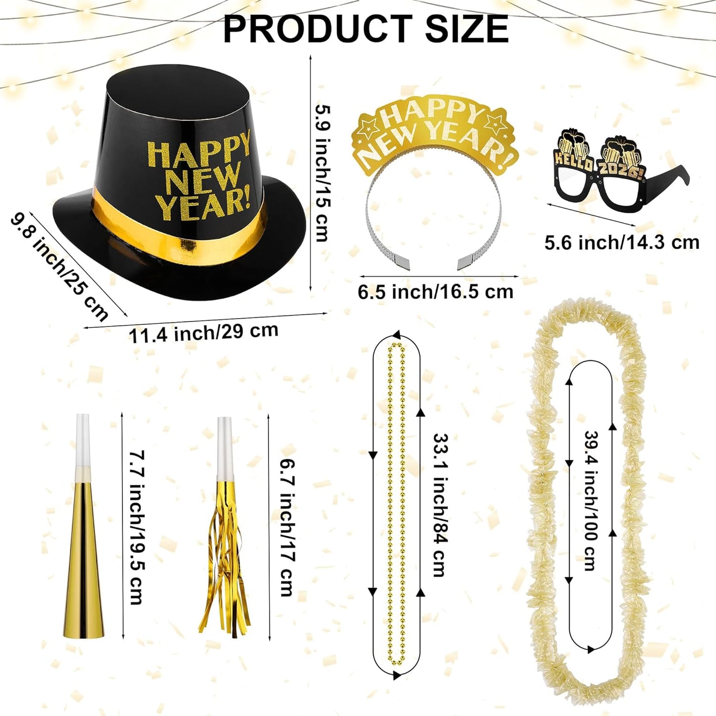Fovths 264 Pieces 2026 New Years Eve Party Supplies Includes Glasses Top Hats Headband Noisemakers Horns Bead Necklaces Plastic Leis New Year Party Favors for Celebration Decoration Gift
