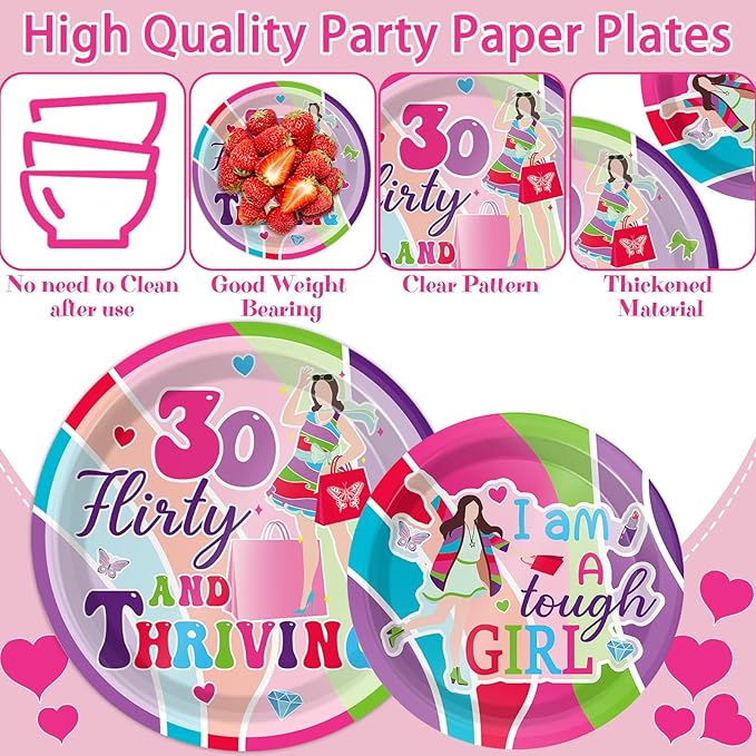 96Pcs Thirty Flirty and Thriving Party Supplies 30 Flirty and Thriving Paper Plates Napkin 30th Birthday Decoration for Her Women Talk 30 to Me 30th Birthday Dinnerware Party Favor Tableware Serves 24